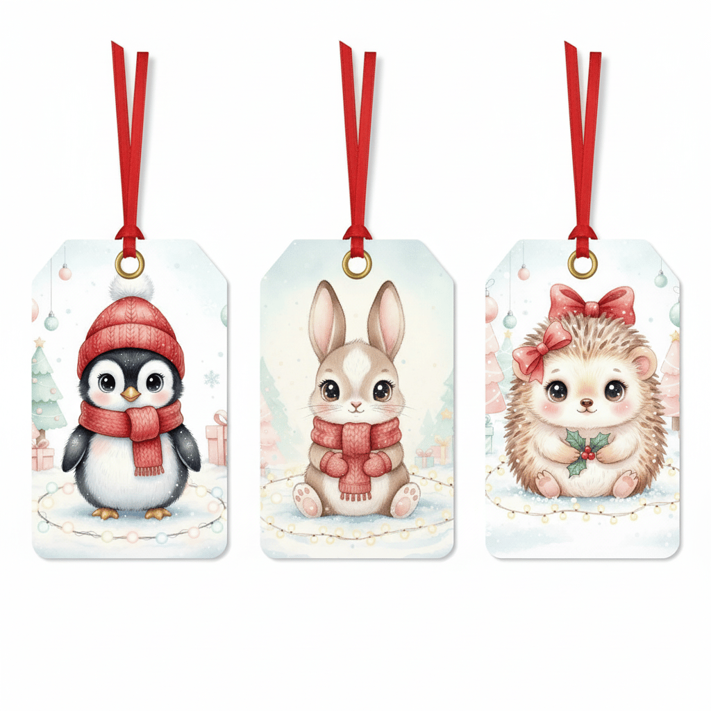 Cute penguin, bunny, and hedgehog Christmas gift tags with watercolor design.