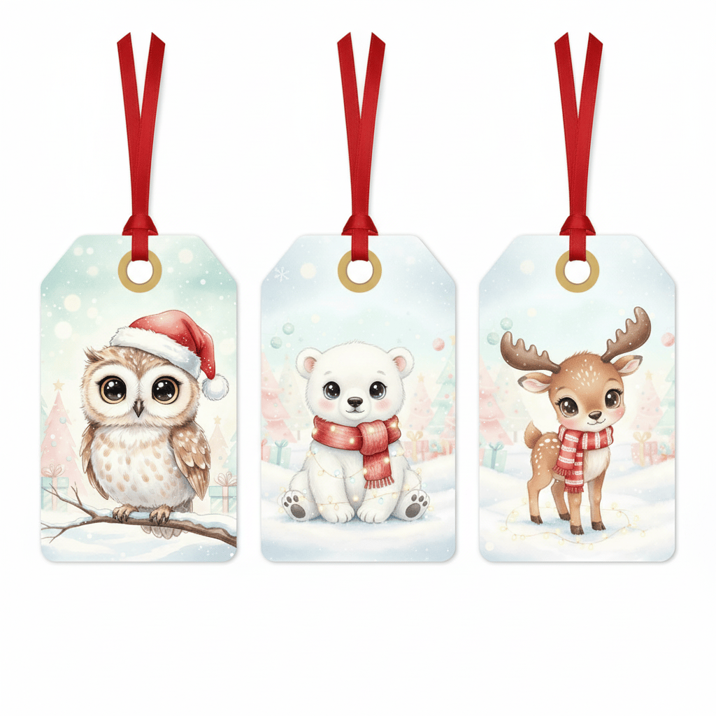 Owl, polar bear, and reindeer watercolor Christmas gift tags with red ribbons.