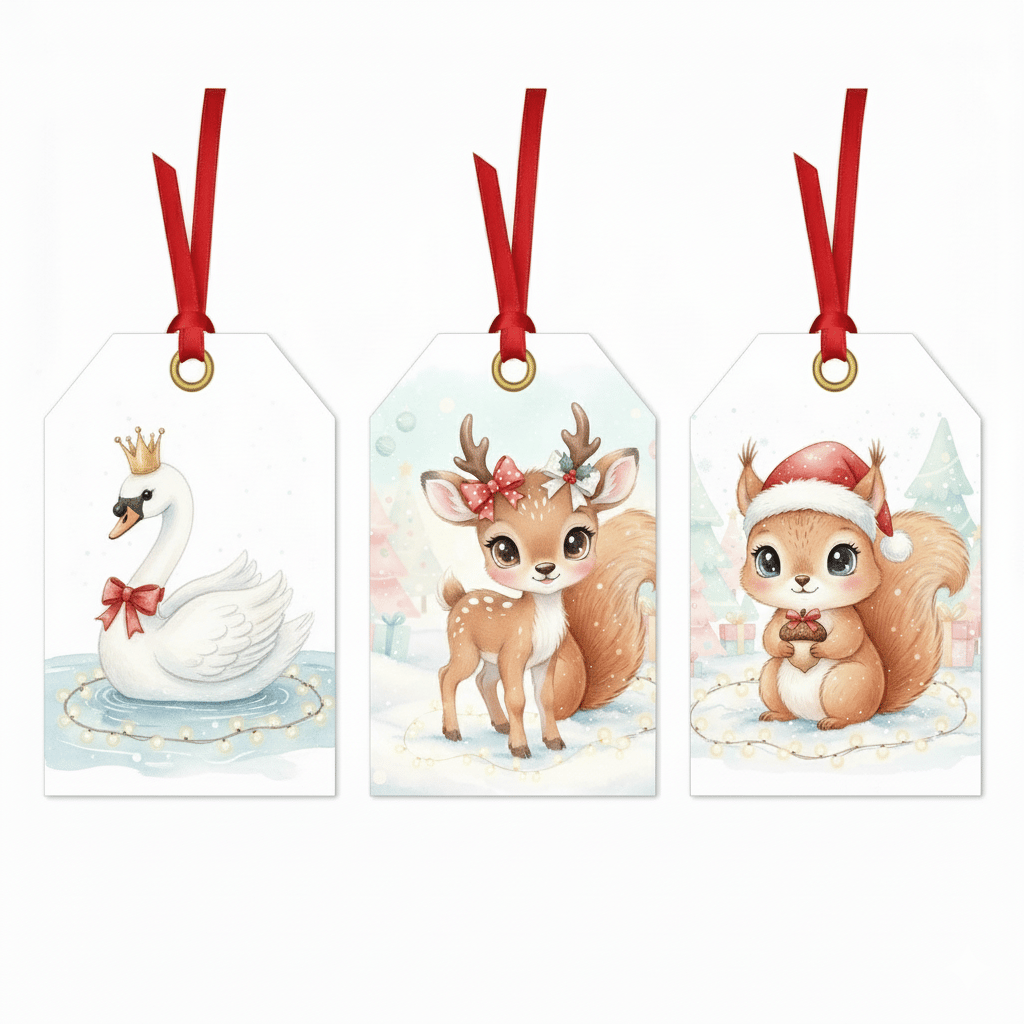 Swan, reindeer, and squirrel watercolor Christmas tags with winter background.