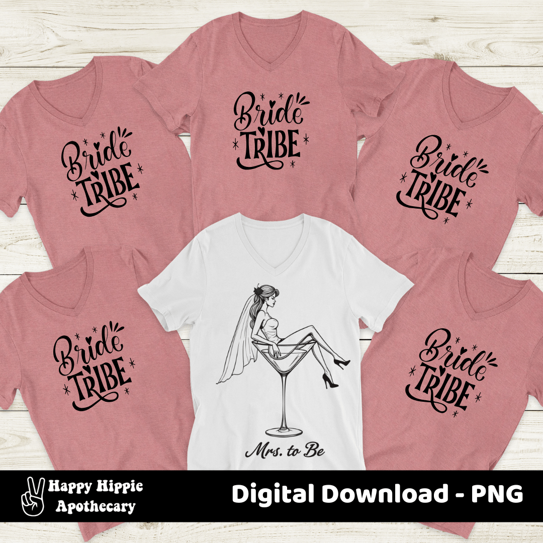 Flat lay of matching bridal party shirts, featuring “Bride Tribe” shirts and central “Mrs. to Be” design with bride in martini glass on white tee