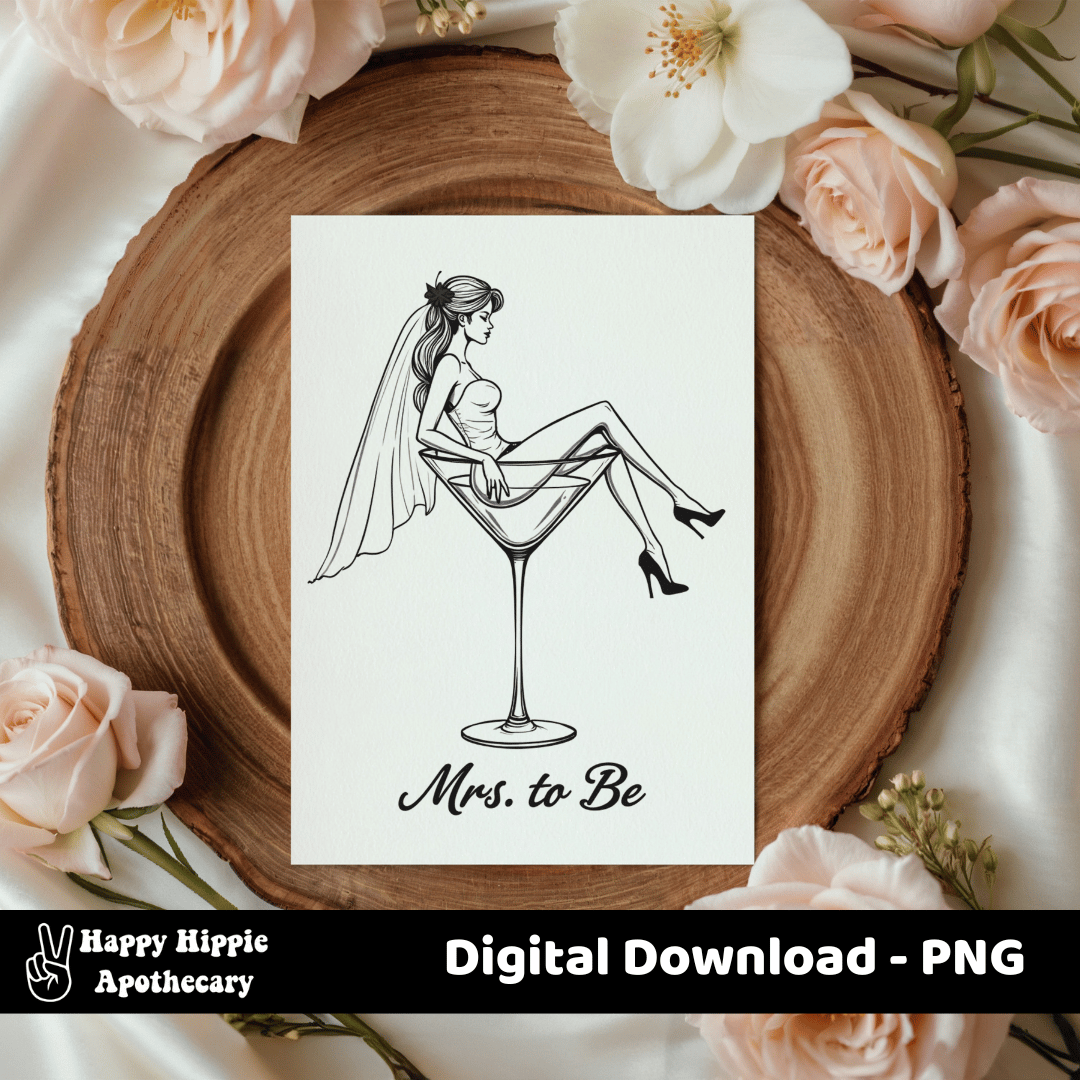 Elegant bridal invitation mockup on wood tray with roses, displaying the “Mrs. to Be” bride-in-martini-glass PNG for wedding or bachelorette stationery design ideas