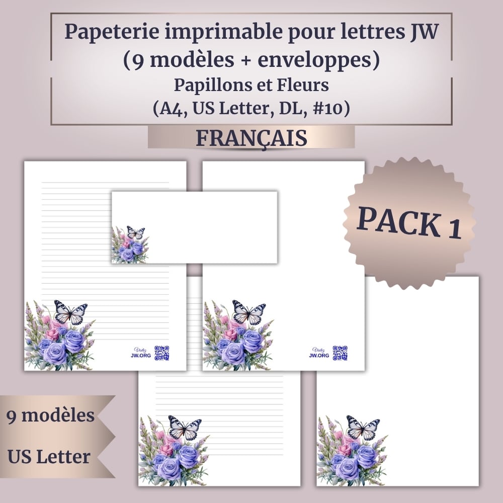 Papeterie imprimable pour lettres JW | Sunset Fall Flowers | 12 modèles + enveloppes assorties | A4 & US Letter | Avec / sans QR vers Jw.org