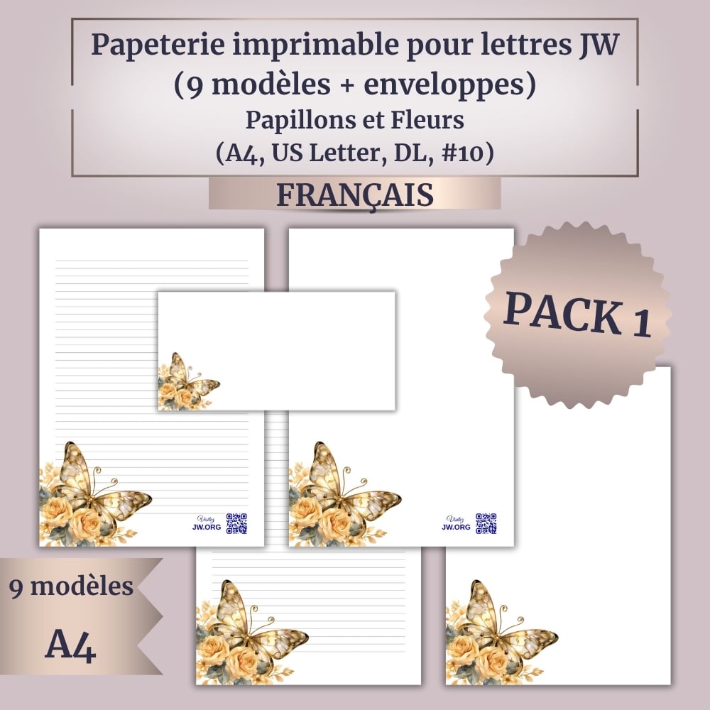Papeterie imprimable pour lettres JW | Sunset Fall Flowers | 12 modèles + enveloppes assorties | A4 & US Letter | Avec / sans QR vers Jw.org