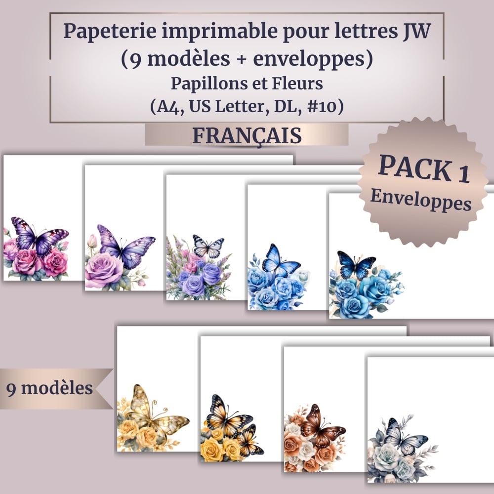 Papeterie imprimable pour lettres JW | Sunset Fall Flowers | 12 modèles + enveloppes assorties | A4 & US Letter | Avec / sans QR vers Jw.org