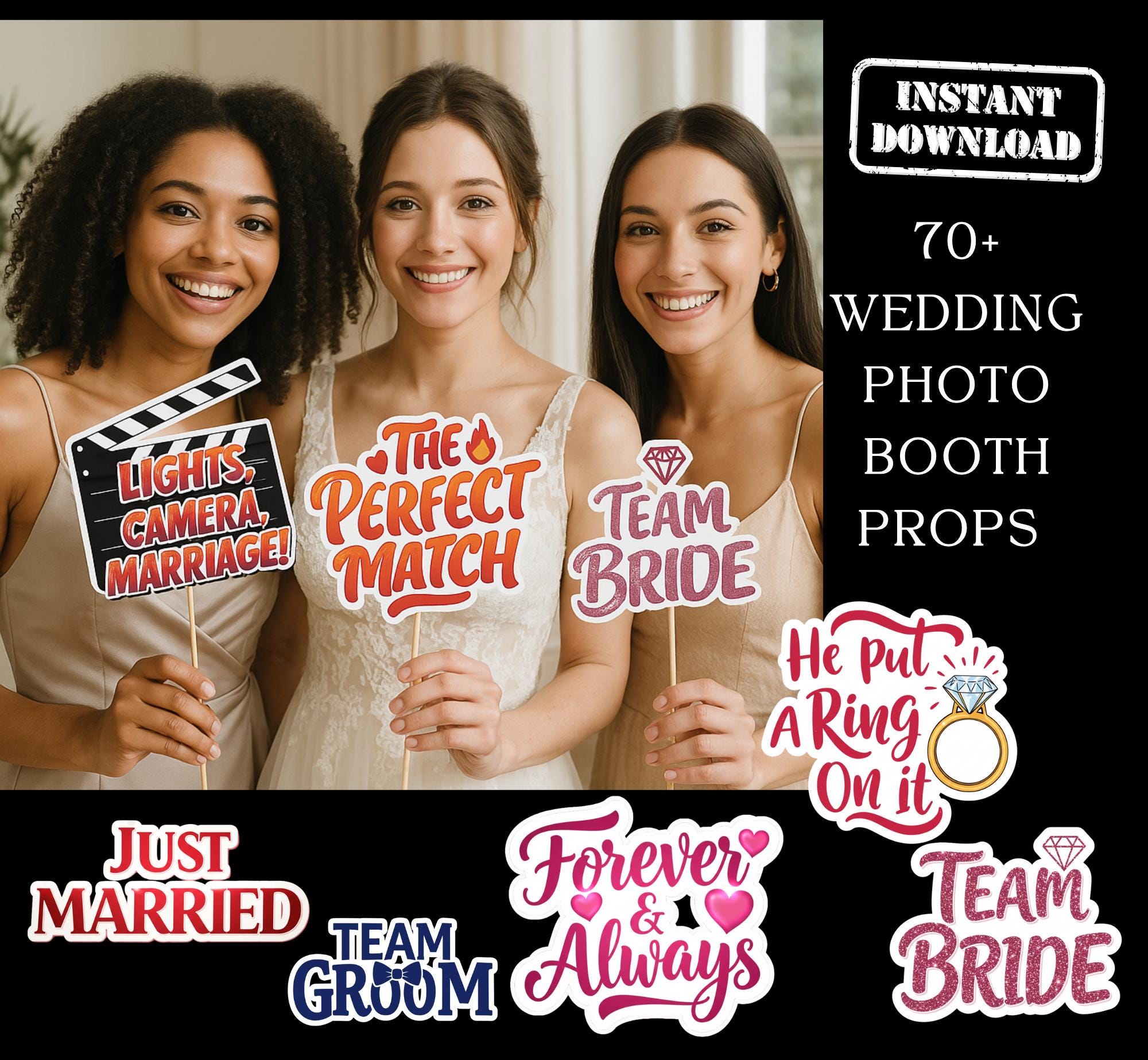 Wedding Photo Booth Props, 70 Funny Bride Groom Reception Party Decor