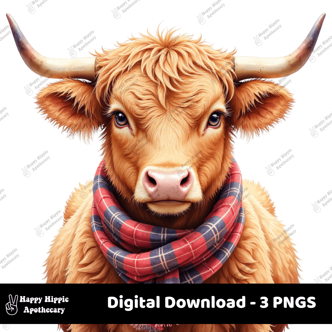 Close-up of Highland cow wearing a red and blue plaid scarf, ideal for cozy farmhouse holiday projects