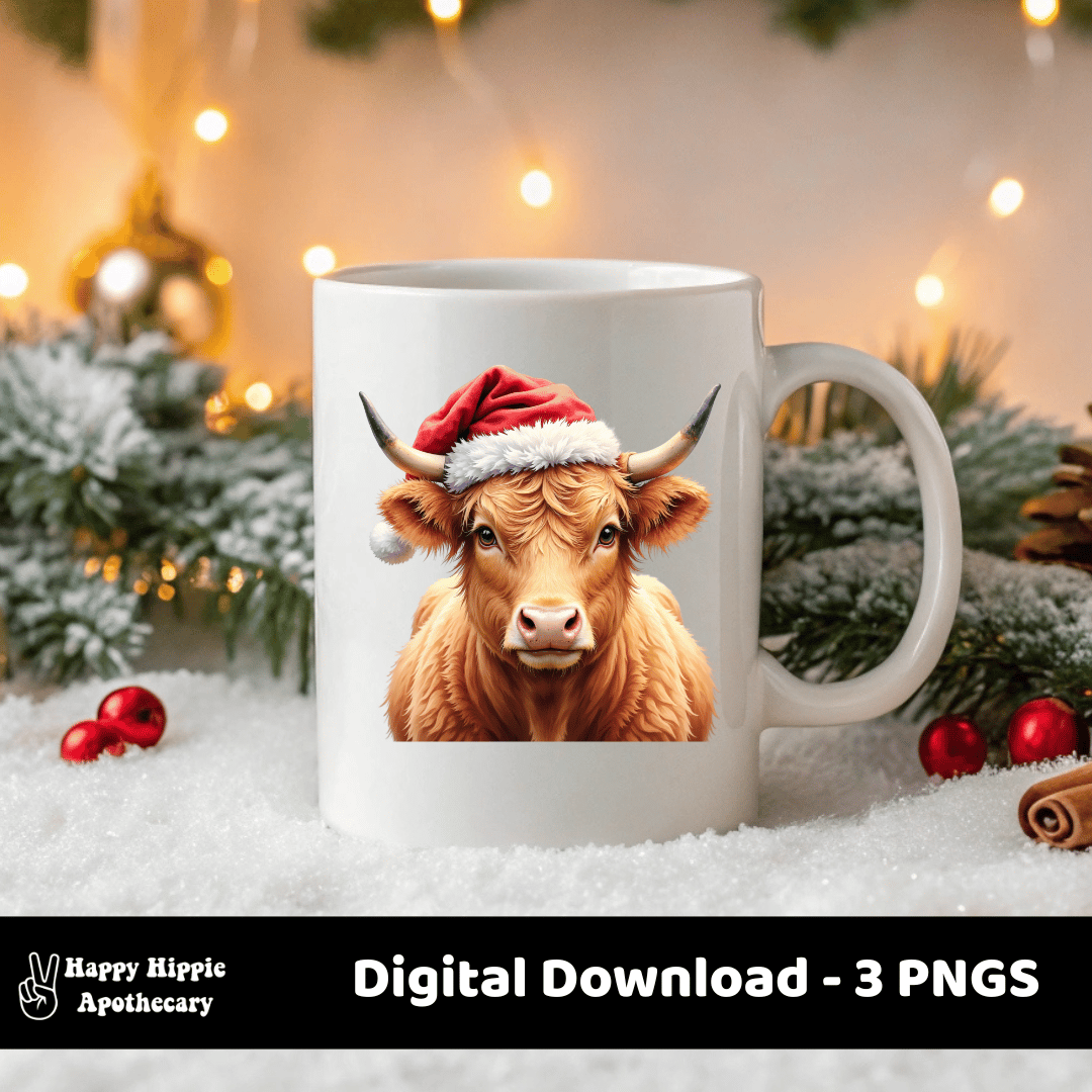 White holiday mug with a festive Highland cow wearing a Santa hat, surrounded by Christmas lights and ornaments.