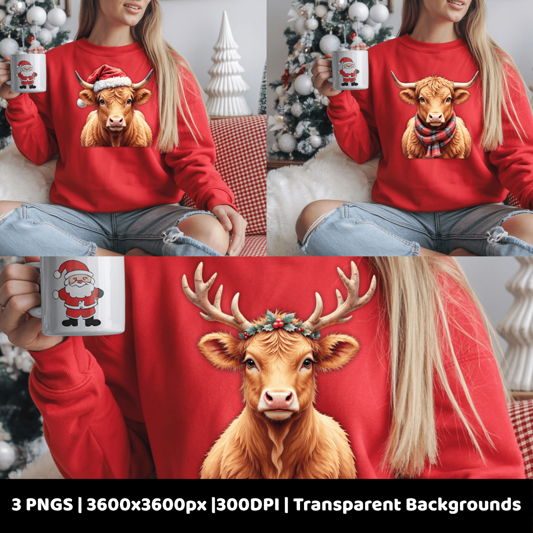 Set of three Christmas shirts featuring Highland cow designs with a Santa hat, plaid scarf, and reindeer antlers