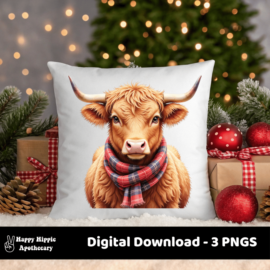 Decorative Christmas pillow featuring a Highland cow with a red plaid scarf in front of a festive tree