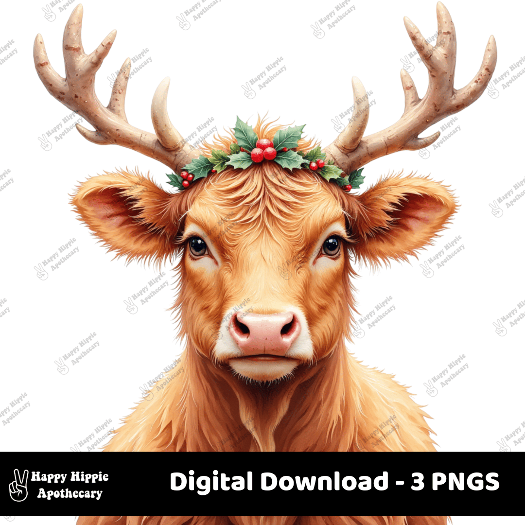 Close-up of Highland cow with reindeer antlers and holly wreath, detailed for sublimation or Christmas crafts