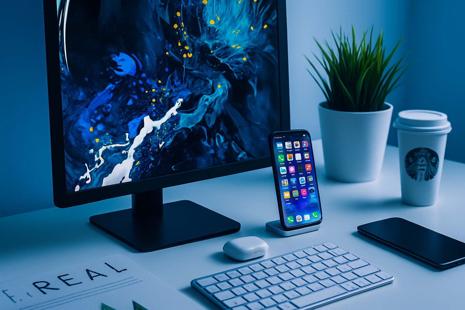 A bright, modern workspace with a laptop, notebook, pen, and smartphone on a white desk, accented in Blue Slate tones. The minimalist design reflects ClickMuse’s focus on clean, professional digital tools for creators.