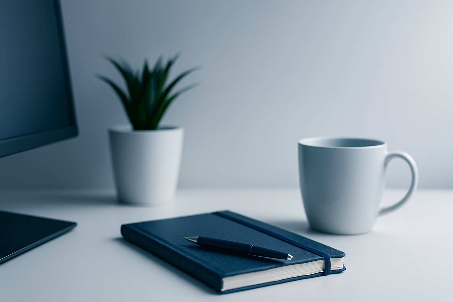 A clean, minimalist Blue-Slate workspace with soft natural lighting, featuring a white desk, open notebook, and modern office elements. The left side has open space for text overlay, matching the aesthetic of the ClickMuse homepage banner.