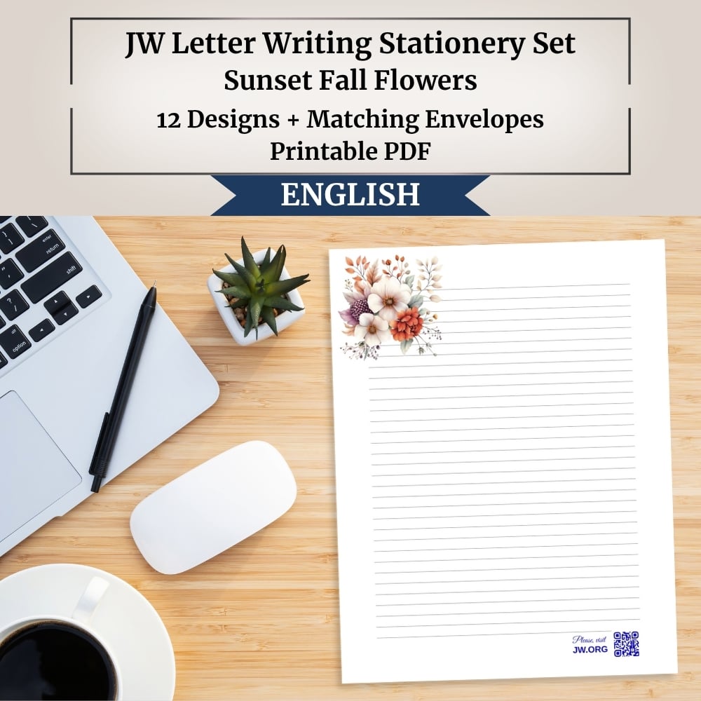 JW Letter Writing Stationery Set | Sunset Fall Flowers | 12 Designs + Matching Envelopes | A4 & US Letter | With and Without Jw.org QR Code