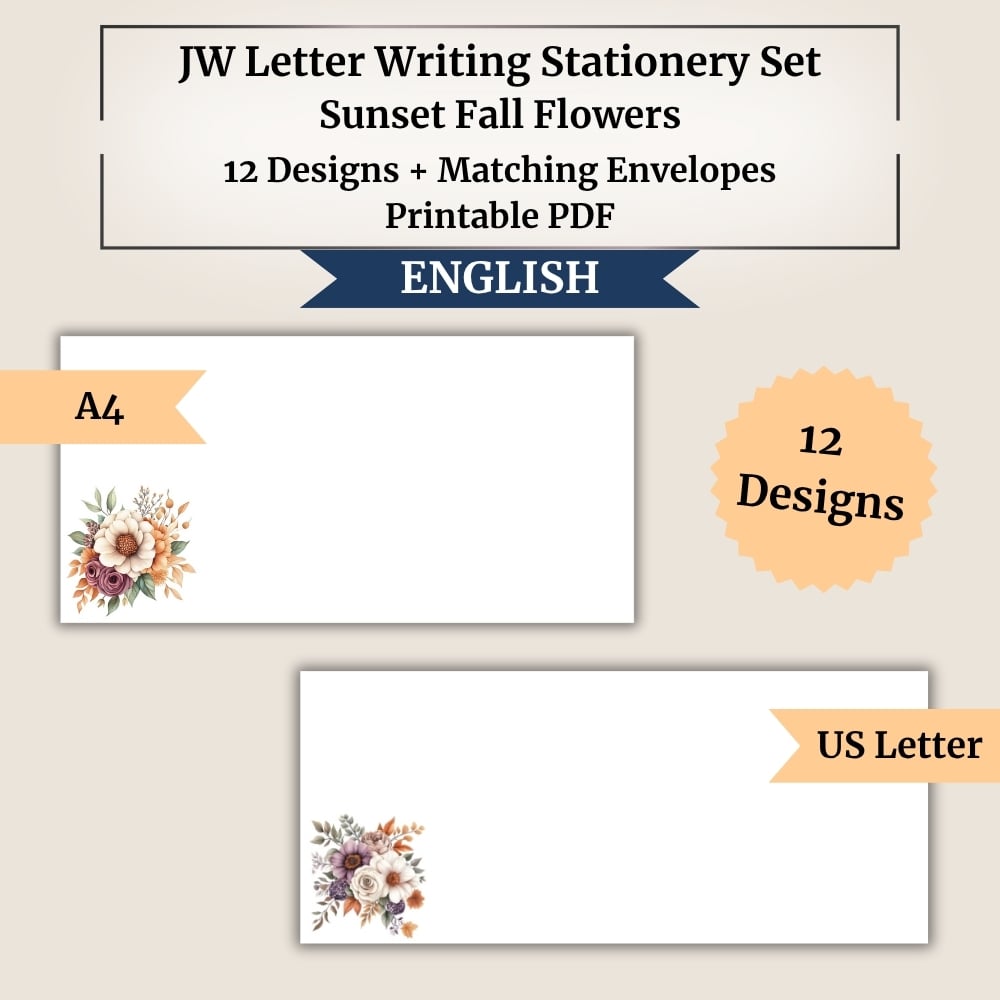 JW Letter Writing Stationery Set | Sunset Fall Flowers | 12 Designs + Matching Envelopes | A4 & US Letter | With and Without Jw.org QR Code