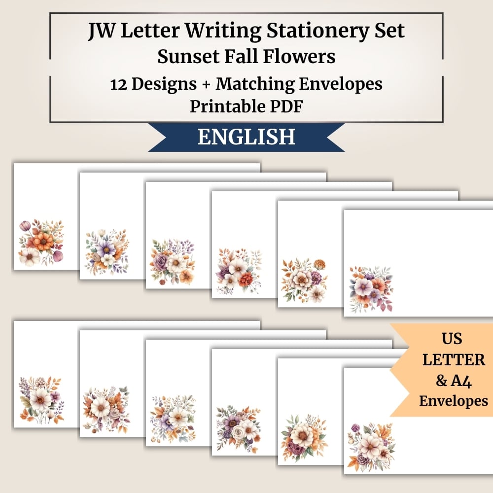 JW Letter Writing Stationery Set | Sunset Fall Flowers | 12 Designs + Matching Envelopes | A4 & US Letter | With and Without Jw.org QR Code