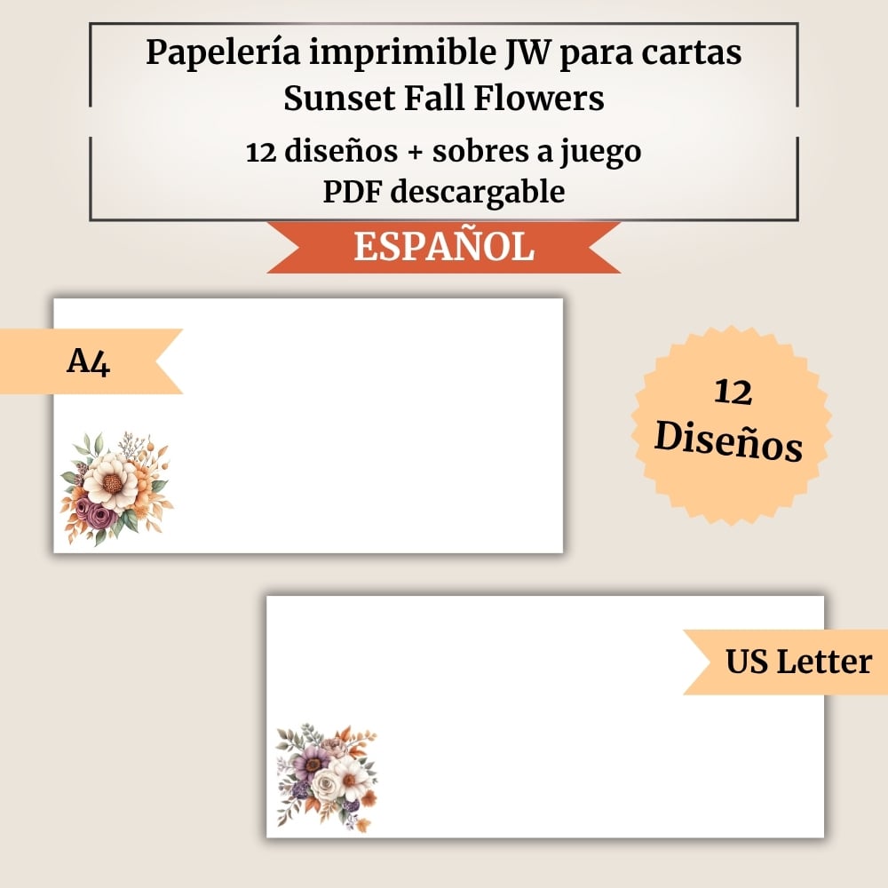 Papelería imprimible JW para cartas | Sunset Fall Flowers | 12 diseños + sobres a juego | A4 y US Letter | Con y sin código QR a Jw.org