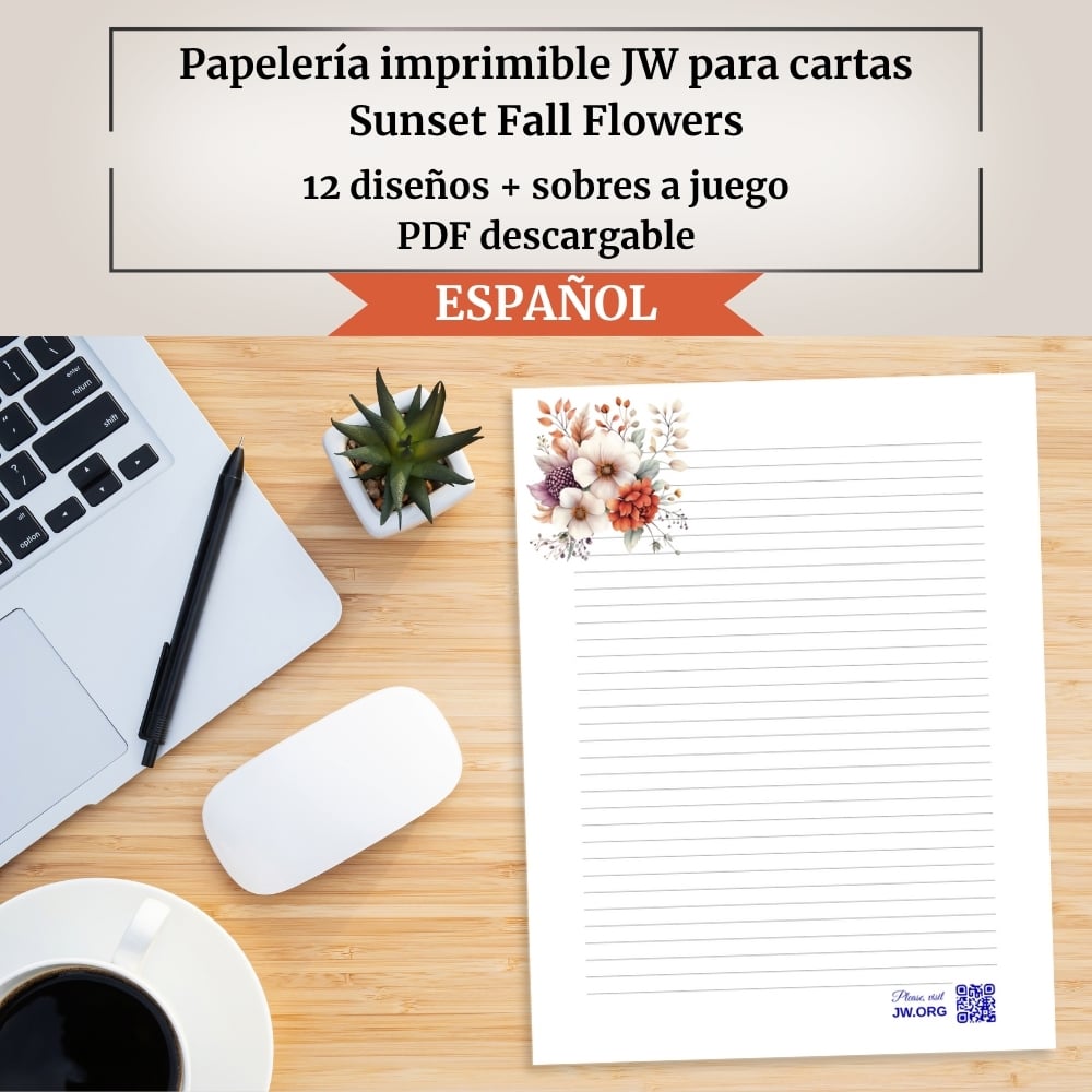 Papelería imprimible JW para cartas | Sunset Fall Flowers | 12 diseños + sobres a juego | A4 y US Letter | Con y sin código QR a Jw.org