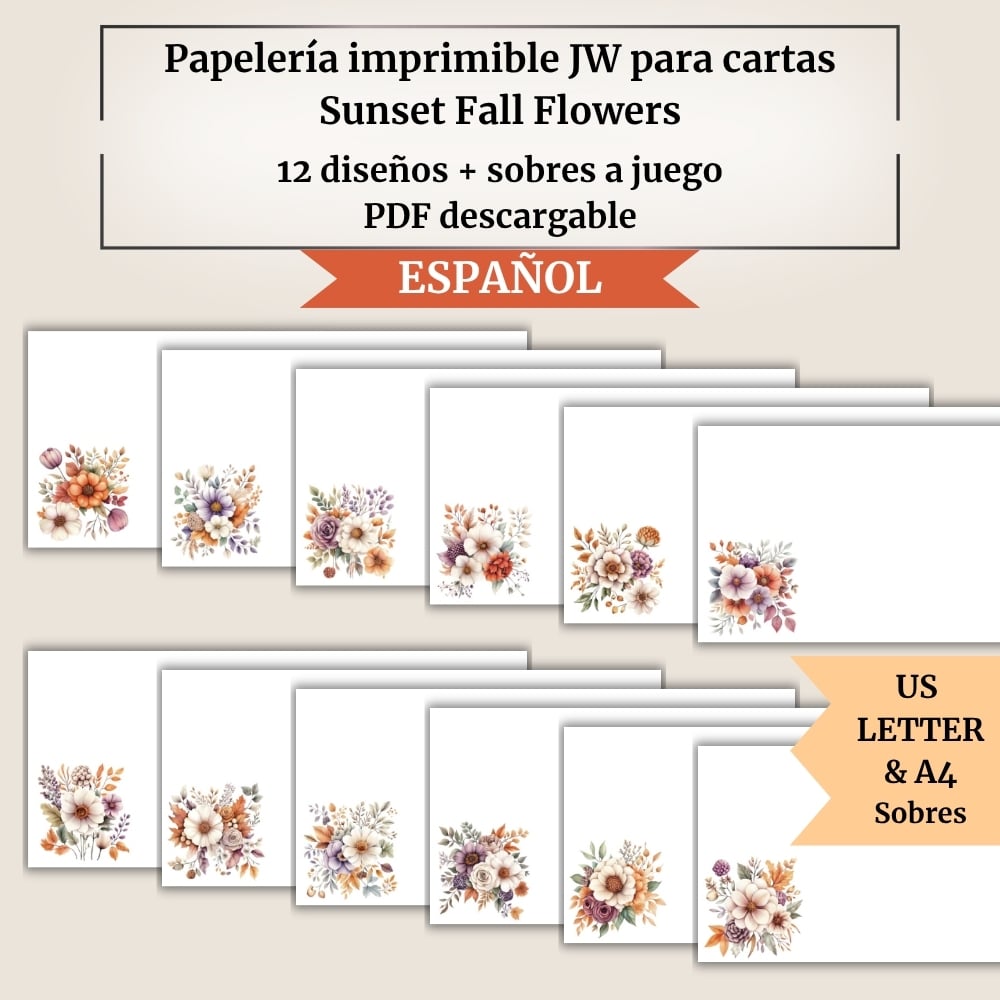 Papelería imprimible JW para cartas | Sunset Fall Flowers | 12 diseños + sobres a juego | A4 y US Letter | Con y sin código QR a Jw.org