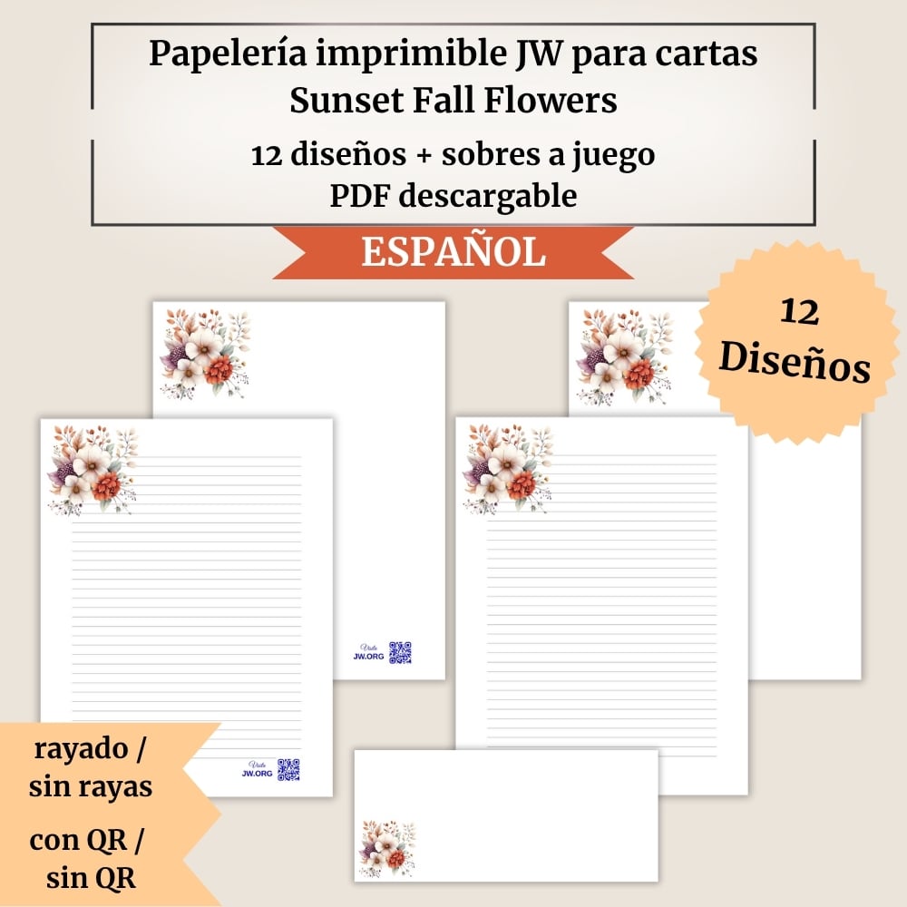 Papelería imprimible JW para cartas | Sunset Fall Flowers | 12 diseños + sobres a juego | A4 y US Letter | Con y sin código QR a Jw.org