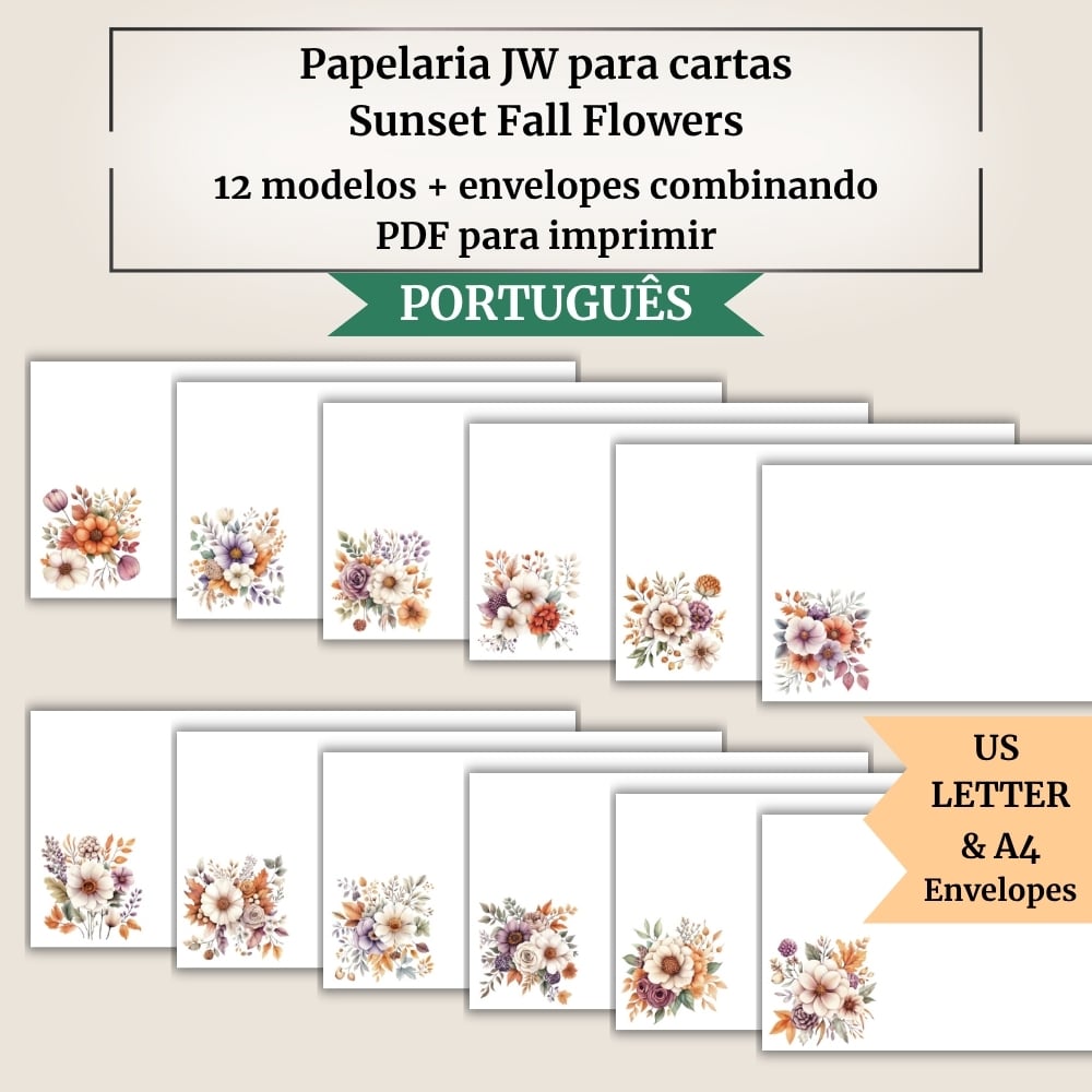 Papelaria JW para cartas | Sunset Fall Flowers | 12 modelos + envelopes combinando | A4 e US Letter | Com e sem QR Code para Jw.org