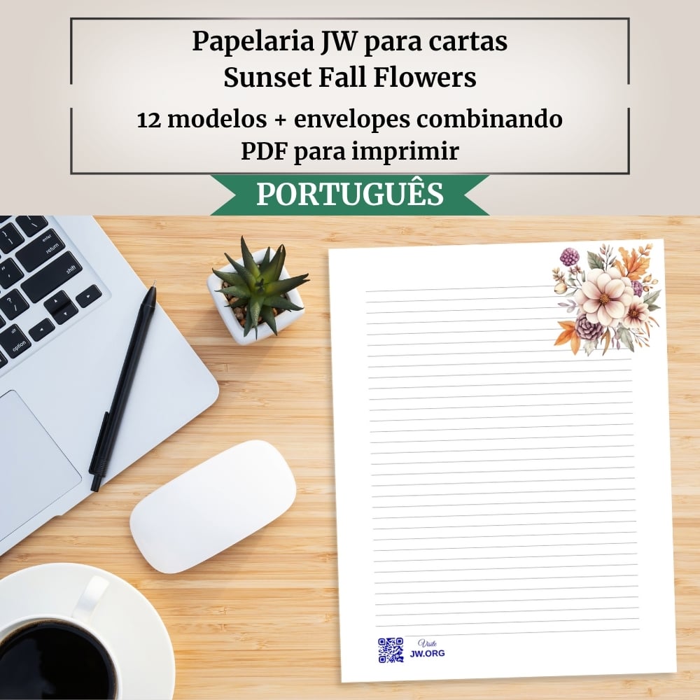 Papelaria JW para cartas | Sunset Fall Flowers | 12 modelos + envelopes combinando | A4 e US Letter | Com e sem QR Code para Jw.org