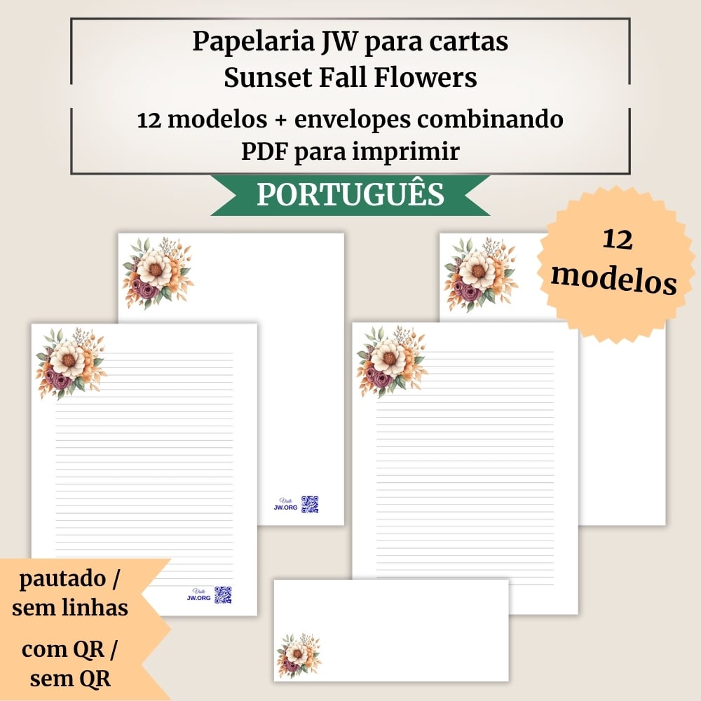 Papelaria JW para cartas | Sunset Fall Flowers | 12 modelos + envelopes combinando | A4 e US Letter | Com e sem QR Code para Jw.org