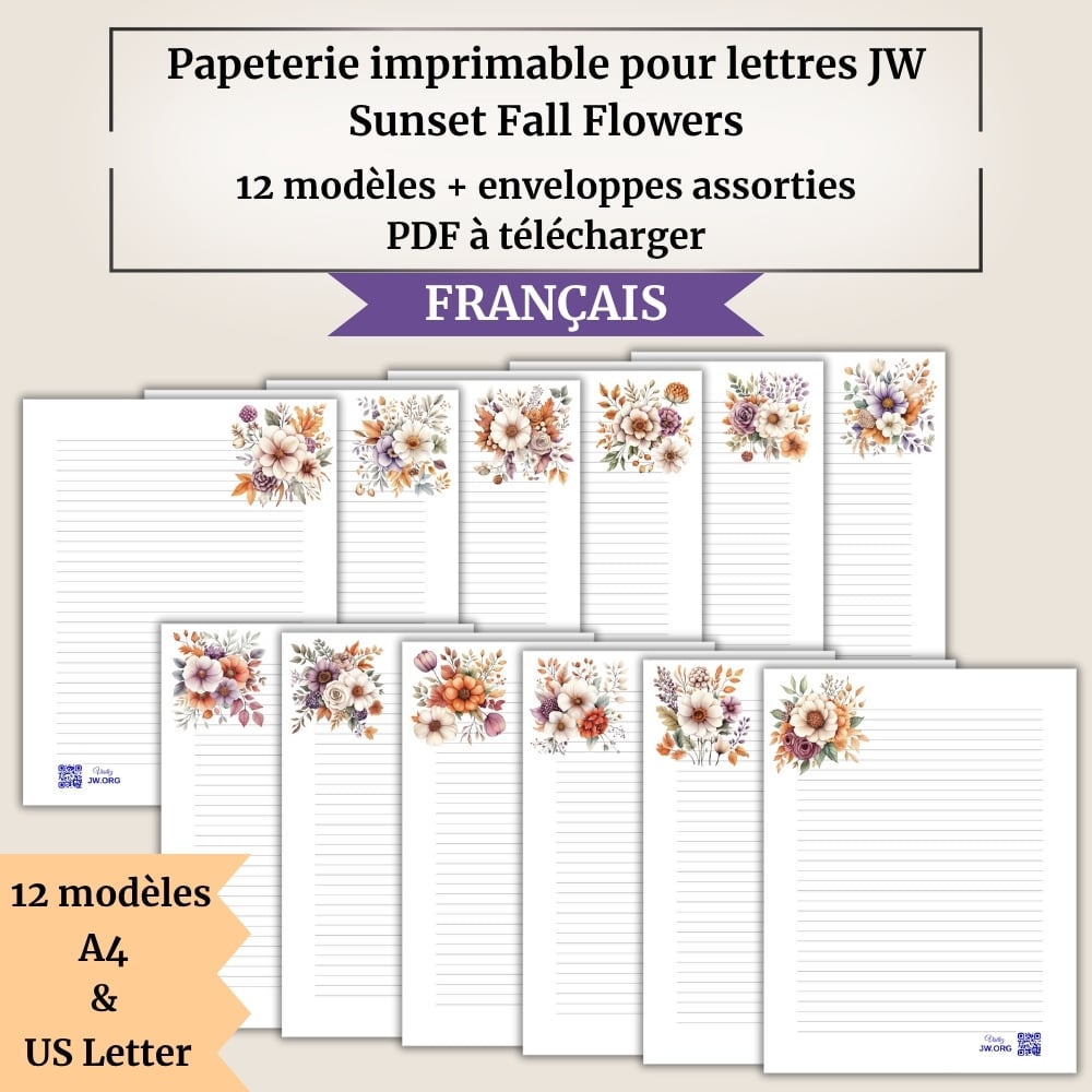 Papeterie imprimable pour lettres JW | Sunset Fall Flowers | 12 modèles + enveloppes assorties | A4 & US Letter | Avec / sans QR vers Jw.org