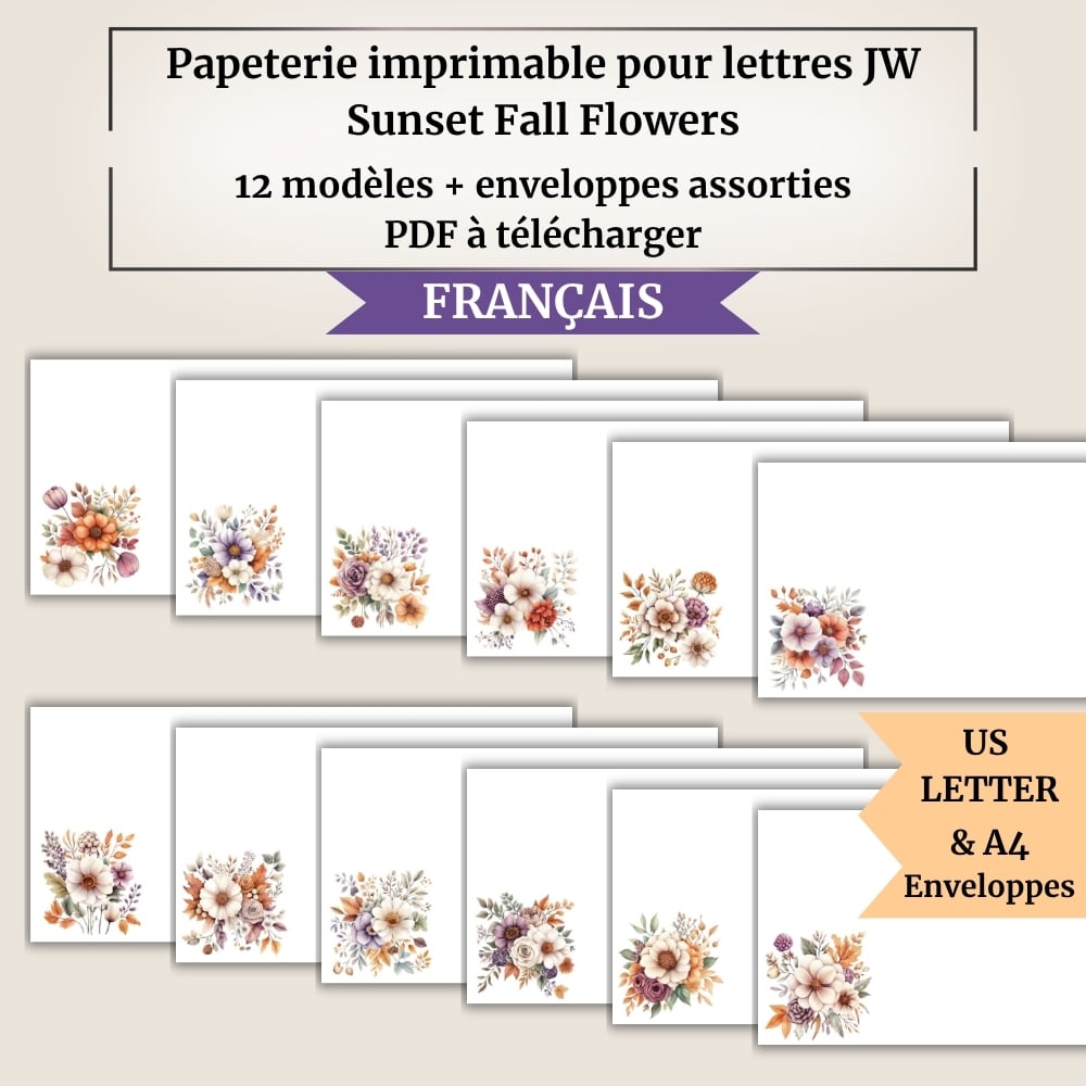 Papeterie imprimable pour lettres JW | Sunset Fall Flowers | 12 modèles + enveloppes assorties | A4 & US Letter | Avec / sans QR vers Jw.org