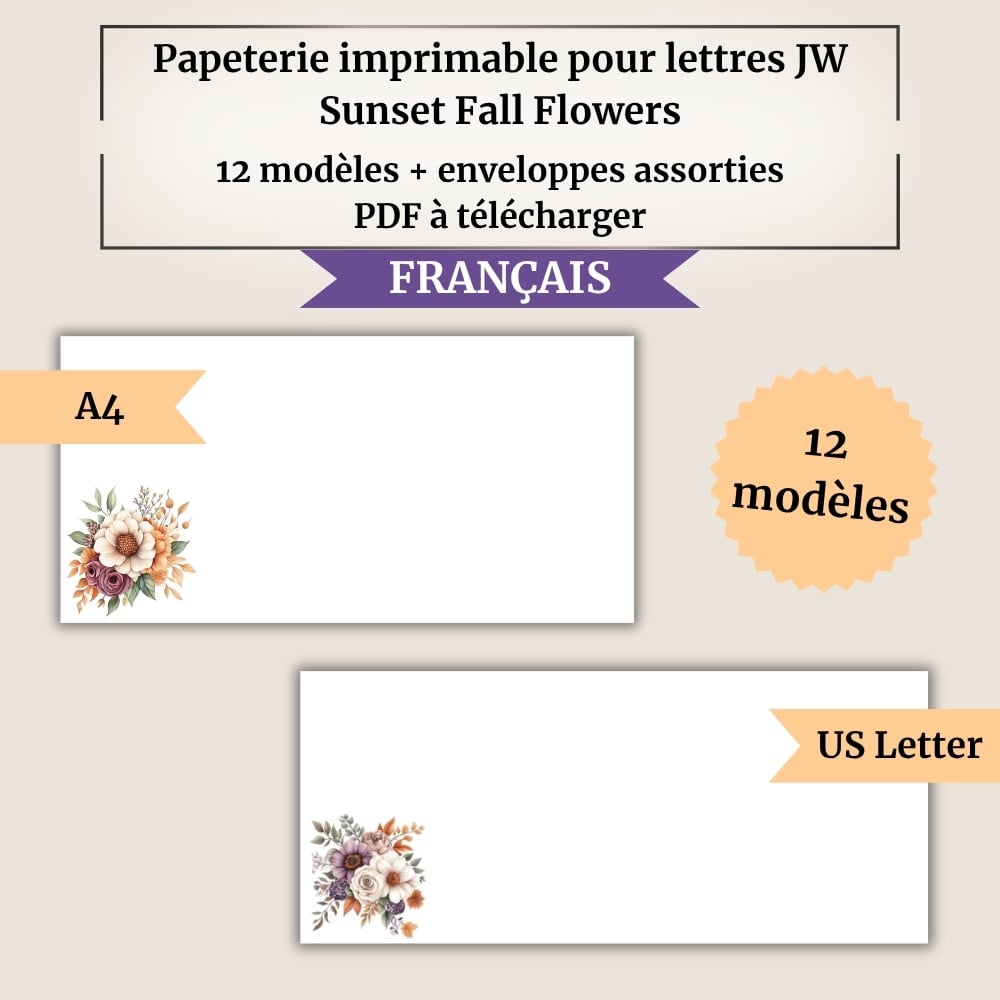 Papeterie imprimable pour lettres JW | Sunset Fall Flowers | 12 modèles + enveloppes assorties | A4 & US Letter | Avec / sans QR vers Jw.org