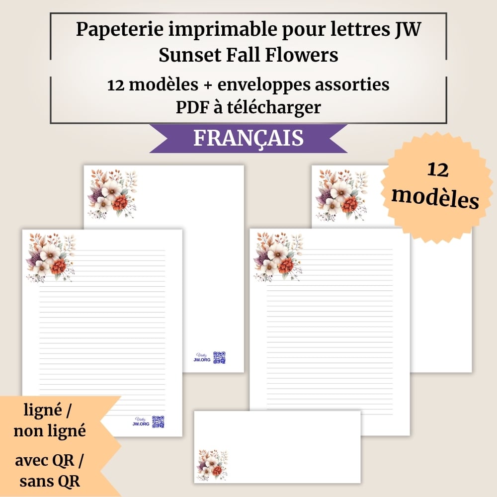 Papeterie imprimable pour lettres JW | Sunset Fall Flowers | 12 modèles + enveloppes assorties | A4 & US Letter | Avec / sans QR vers Jw.org