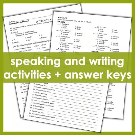 Spanish Present Tense Regular AR, ER, IR Verbs Lesson - el presente activities