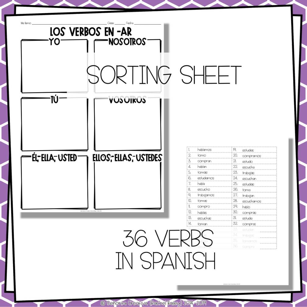 Present Tense AR Verbs - Spanish Sorting Activity for Regular -ar Verbs