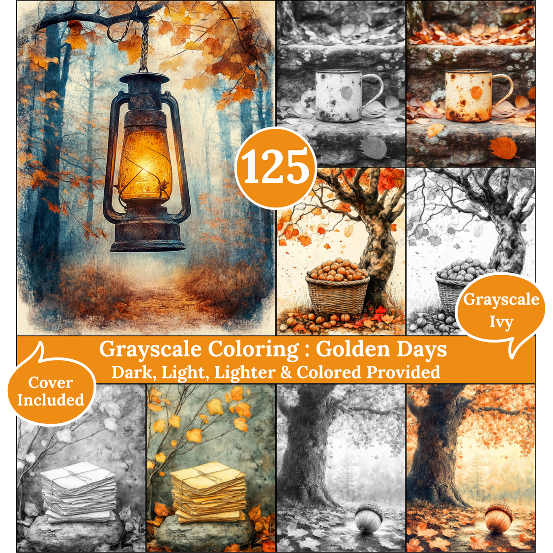 Golden Days, 125 Grayscale Coloring Pages, Beautiful Autumn Landscapes and Cozy Scenery, Dark Light Lighter and Colored Versions Printable Art Sheets
