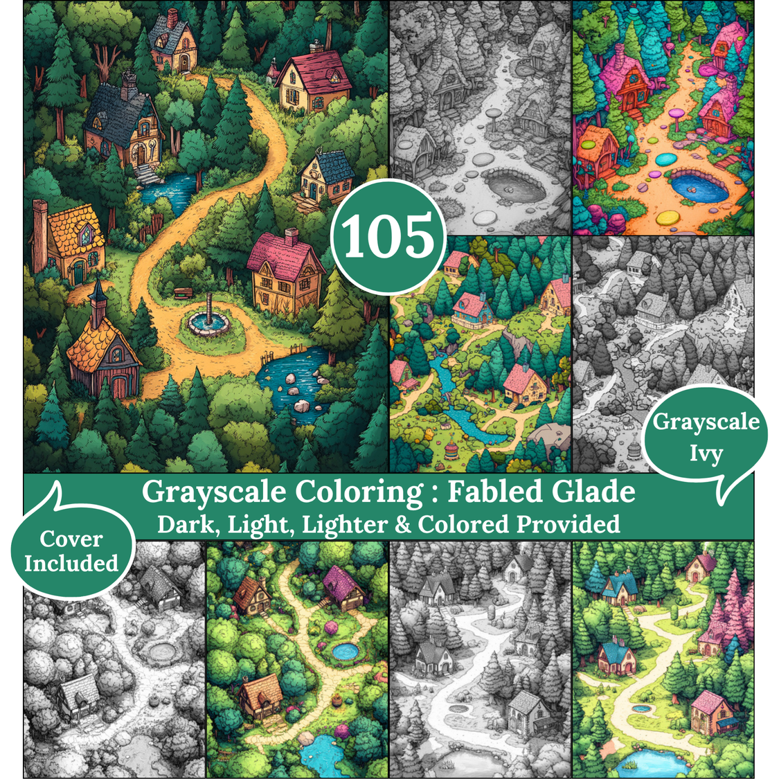 Fabled Glade, 105 Grayscale Coloring Pages, Enchanting Forest and Fantasy Sky Views, Dark Light Lighter and Colored Versions PDF