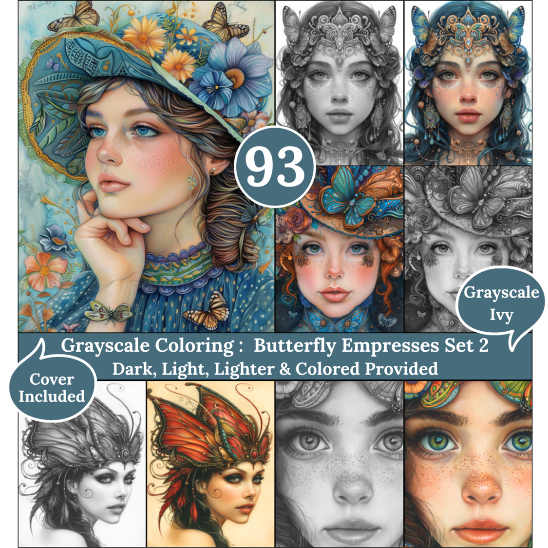 Butterfly Empresses, 93 Grayscale Coloring Pages, Elegant Fantasy Butterfly Queens, Dark Light Lighter and Colored Versions Printable PDF Art