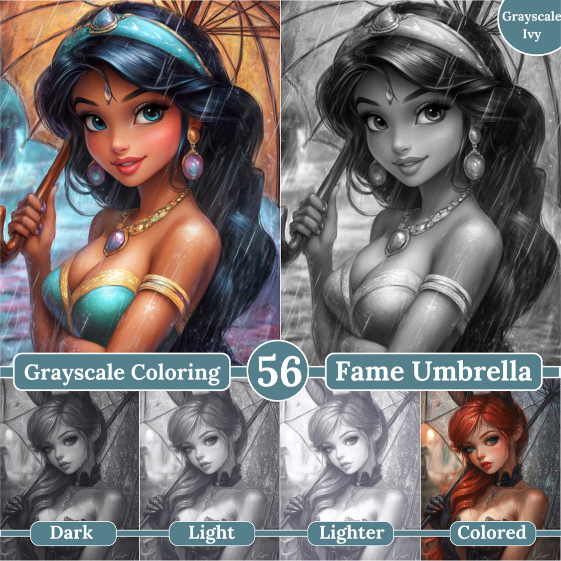 Fame Umbrella, 56 Grayscale Coloring Pages, Dark Light Lighter & Colored Illustrations provided, Fantasy Fairy Tale D. Princess, Movie stars