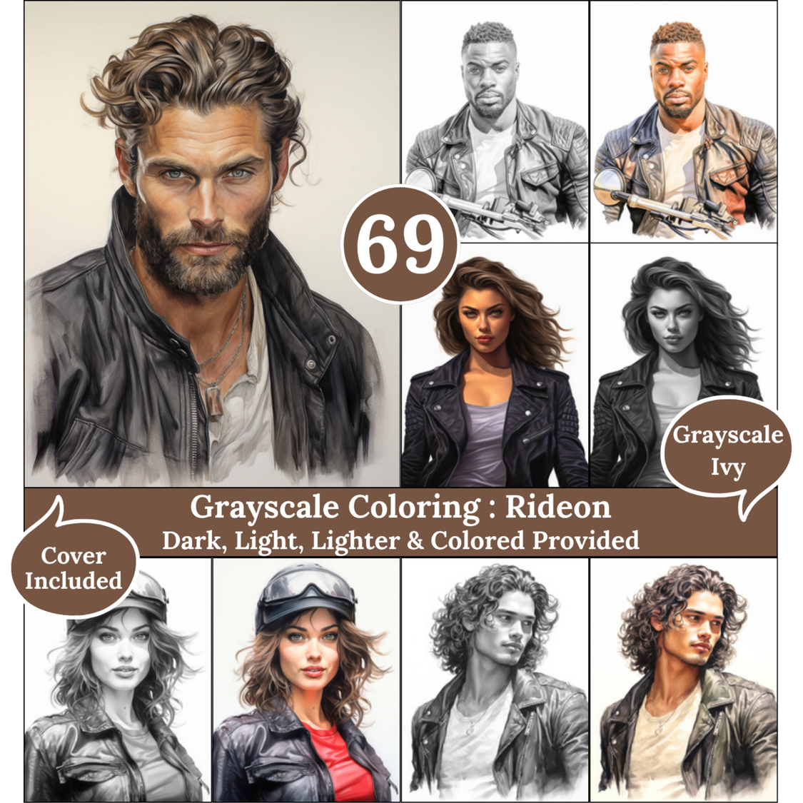 Rideon, 69 Grayscale Coloring Pages, Bold Biker Portraits, Dark Light Lighter and Colored Versions, Printable PDF for Adults