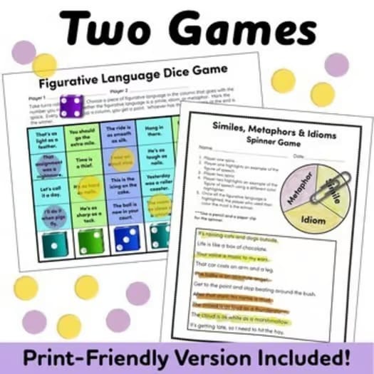 Figurative Language Worksheets and Games for Idioms, Similes and Metaphors