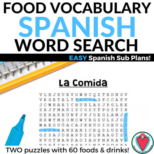 Spanish Food Vocabulary Worksheet Spanish Word Search Activity Sub Lesson Plans