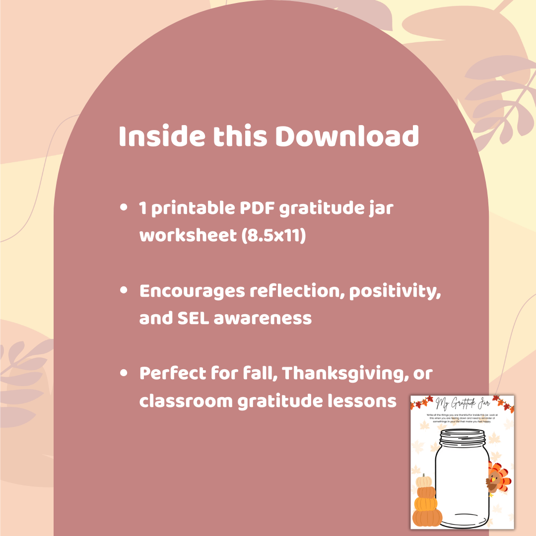 Printable gratitude activity featuring pumpkins, turkey, and mason jar for fall classroom use