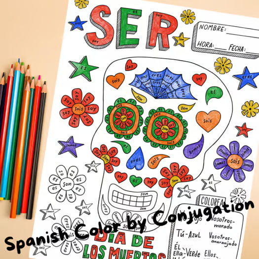 Día de los muertos color by verb conjugation Ser Day of the dead calavera