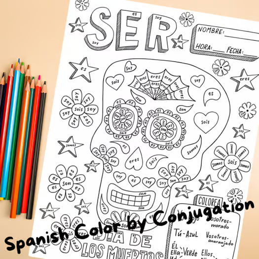 Día de los muertos color by verb conjugation Ser Day of the dead calavera