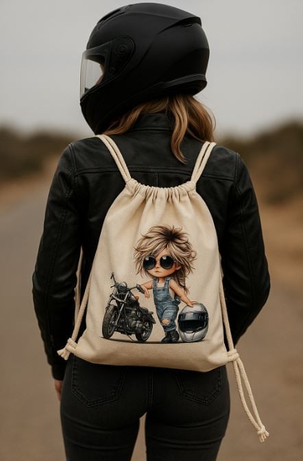 woman motorcyclist with casual, lightweight, canvas, drawstring backpack designed for riding