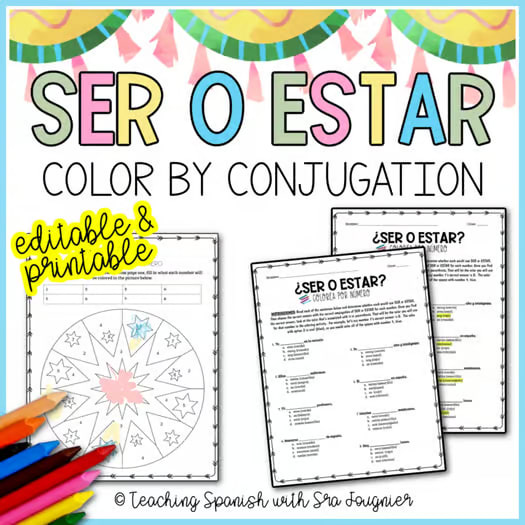 Editable Spanish Ser Estar Color by Conjugation Worksheets Sub Plans