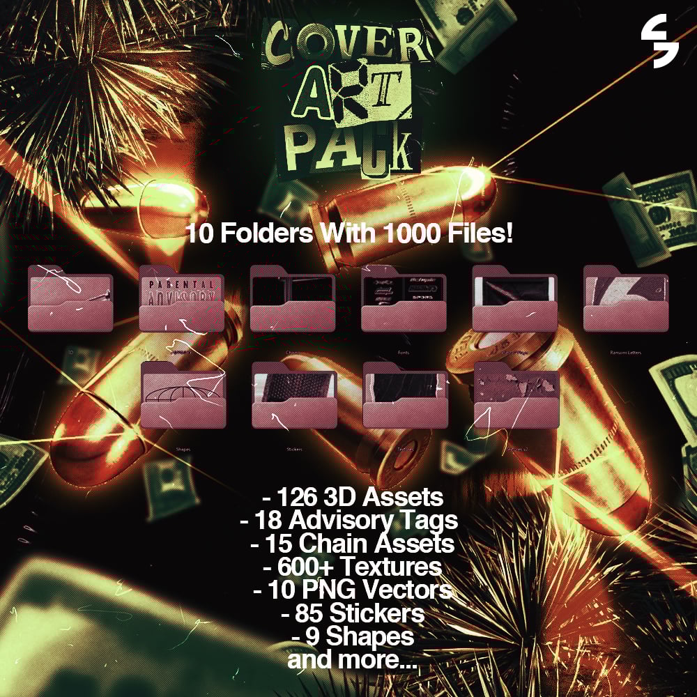 review collage showing 1000+ cover art textures, fonts and PNG assets included in the pack