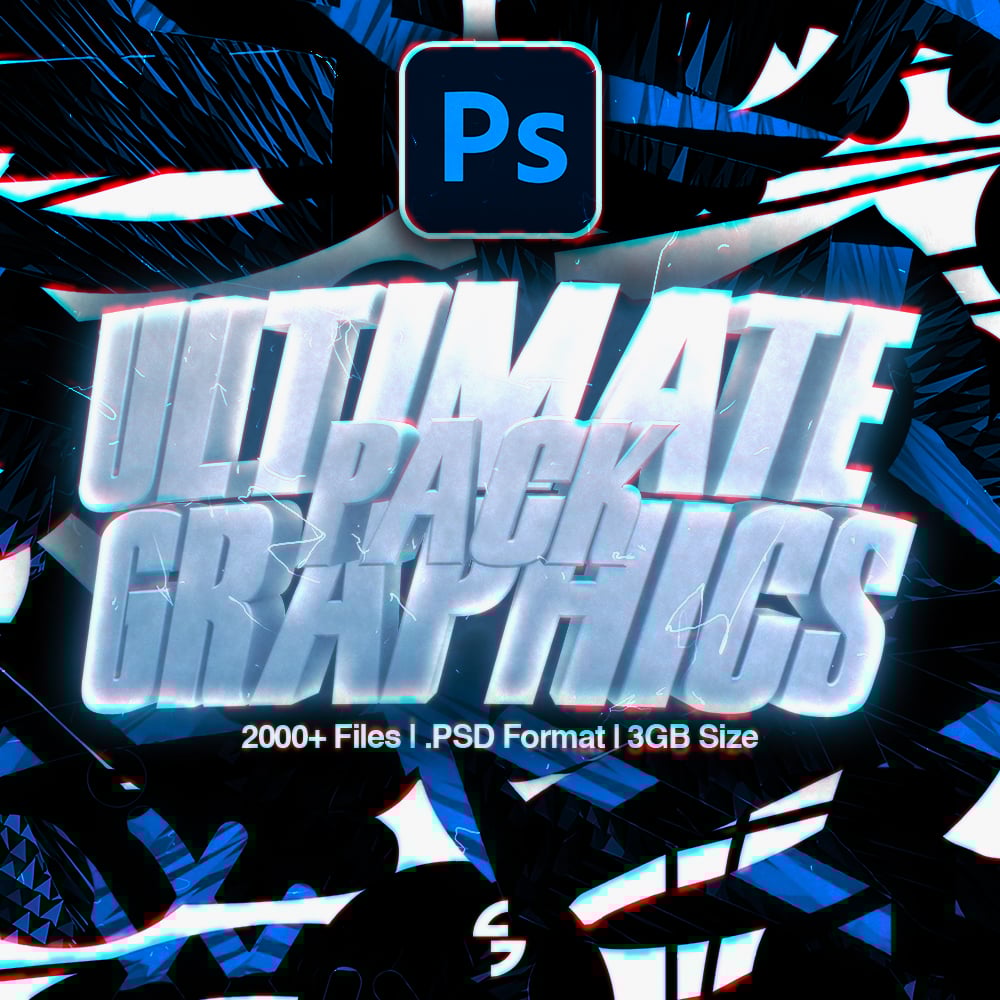 Preview grid showing hundreds of Photoshop asset thumbnails from the Ultimate Design Graphics Pack
