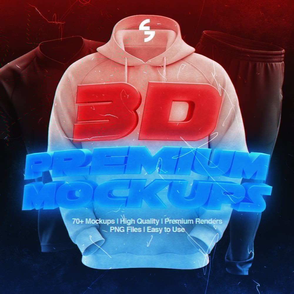 Preview grid showing 70+ 3D clothing mock-ups including hoodies, t-shirts, pants and accessories