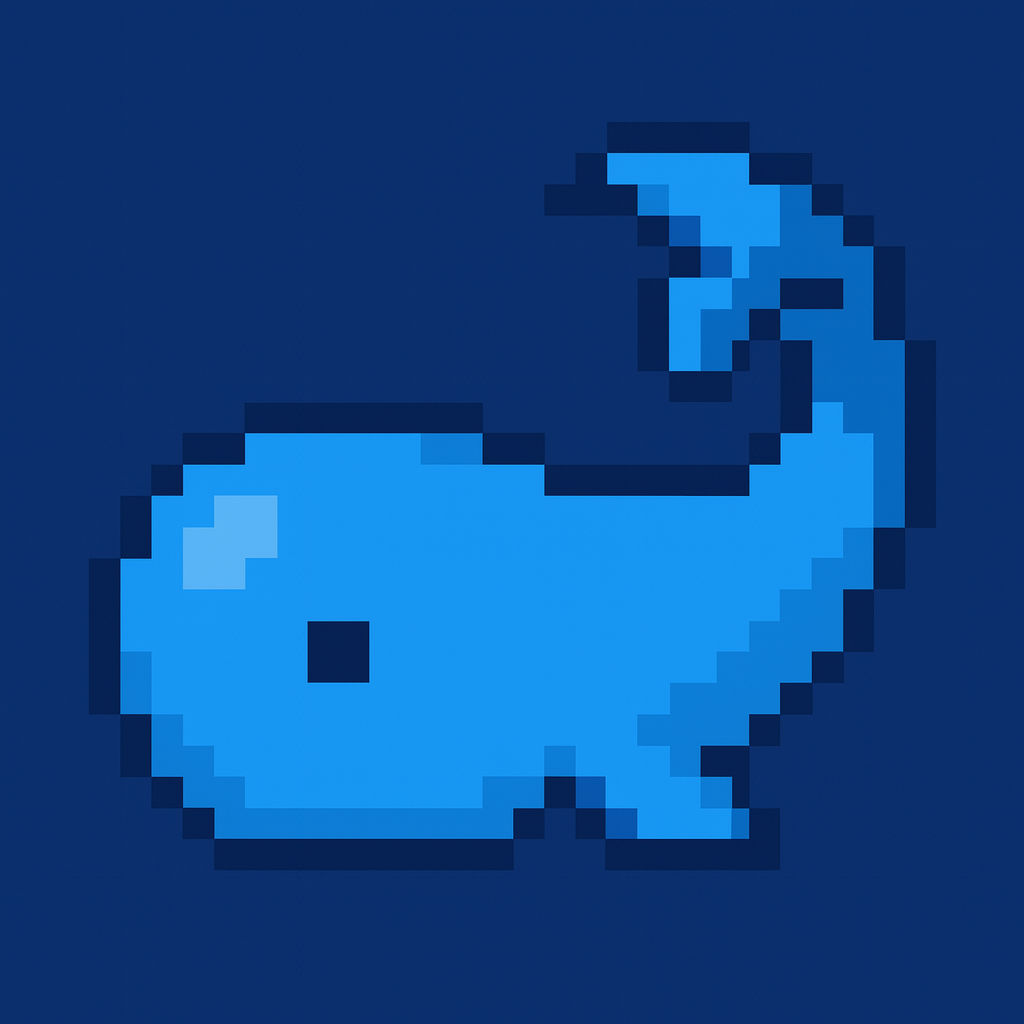 Pixel art of a small blue glass whale, its rounded body and upward-curving tail rendered in soft gradients of blue. The whale faces right against a dark navy background, evoking a nostalgic, underwater glow. The minimalist style captures the gentle, endur
