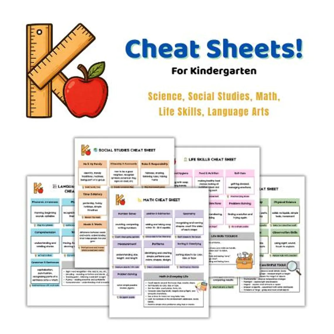 Kindergarten Homeschool Cheat Sheets & Digital Tracker – Core Subjects + Life Skills Printable Planner