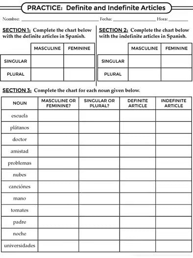 Spanish 1 - Gender and Definite & Indefinite Articles - Worksheets and Notes